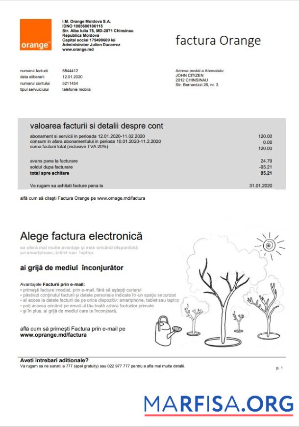 Blank Moldova Orange Factura utility bill template in Word and PDF format
